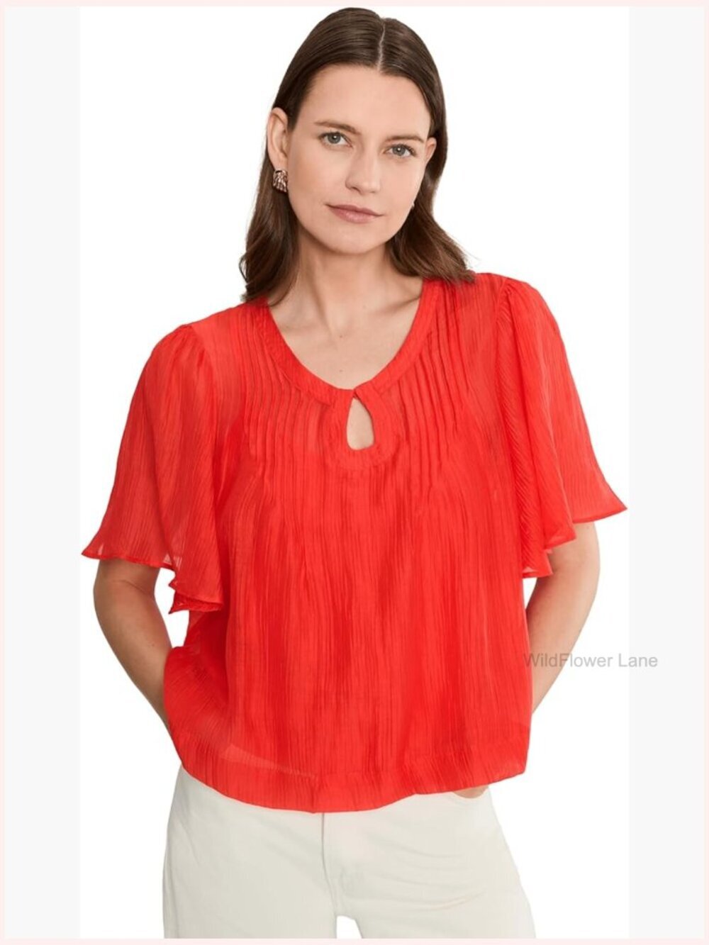 Crew Neck Flutter Sleeve Blouse with Front Cutout